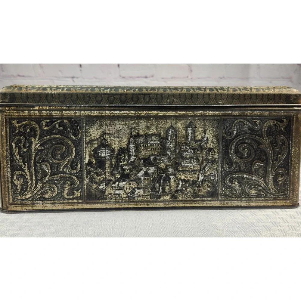 Vintage German Silver Tin Biscuit Box Knight Jousting Castles Horse History